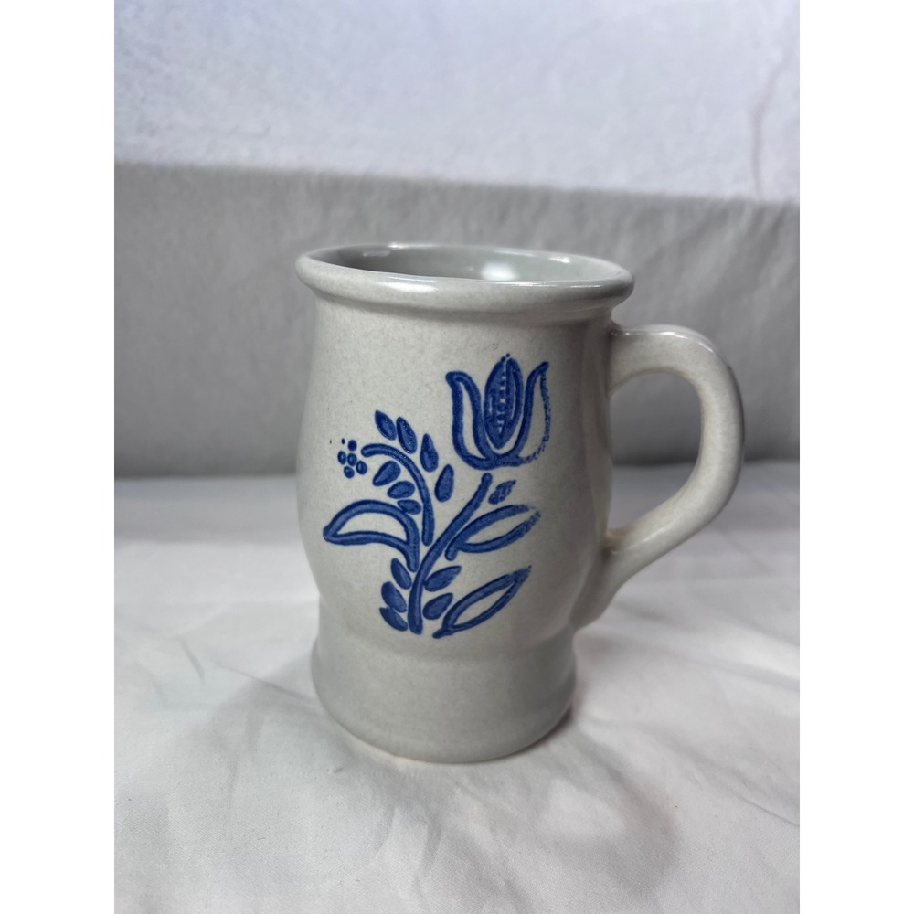 Vintage Salt Glazed Stoneware Blue Tulip Mug Pottery Cup 282Y Grey 5 Inch